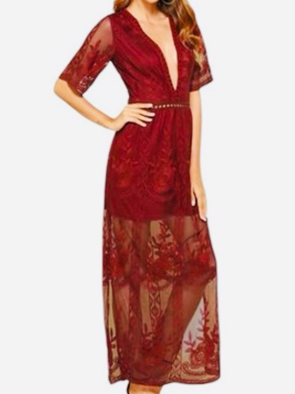 Eleter Deep V-Neck Lace Overlay Maxi Romper.